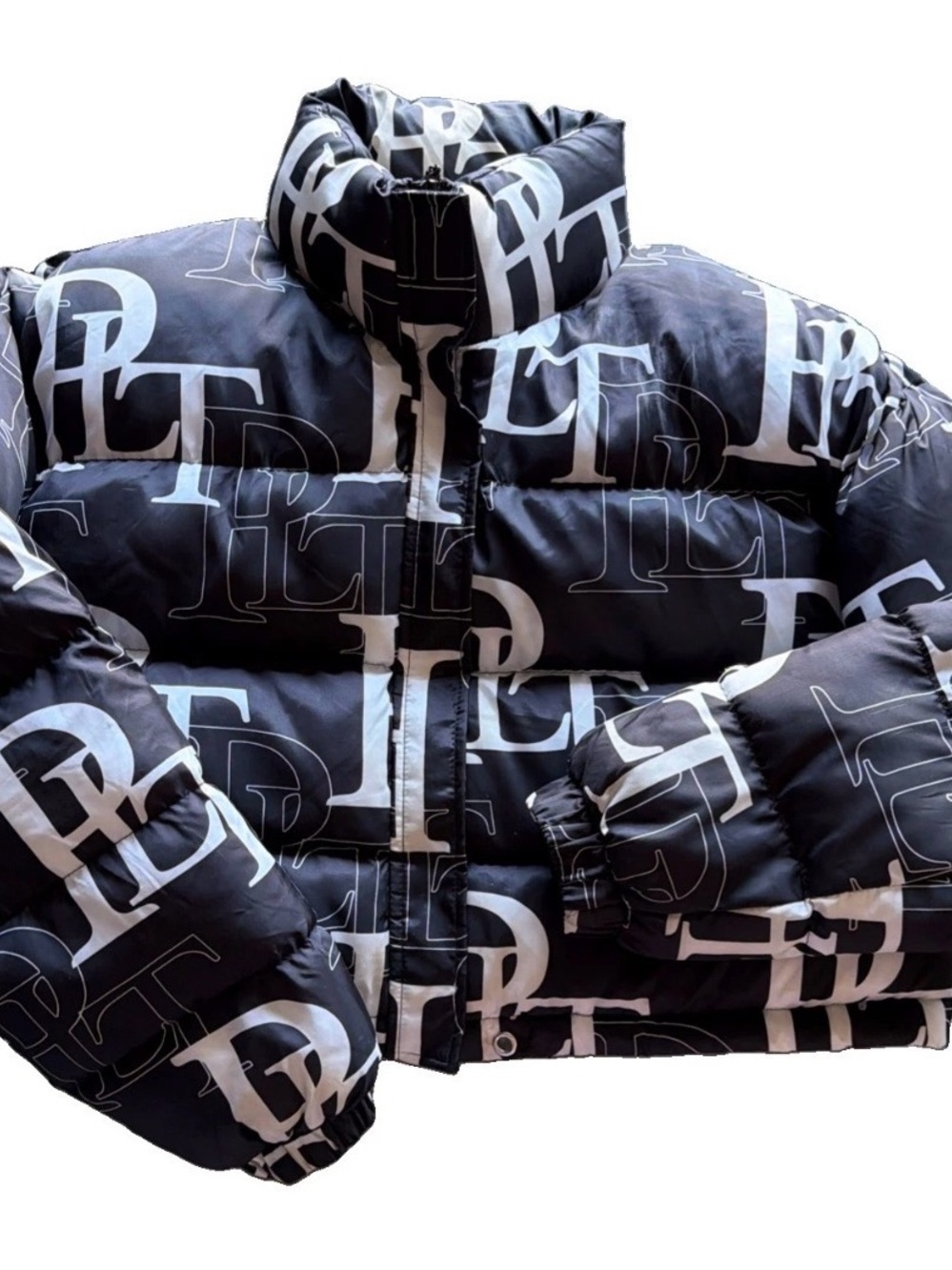 PrettyLittleThing Black & White Monogram Puffer Jacket